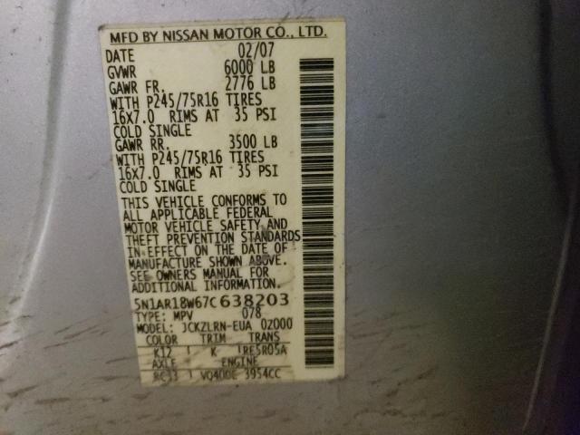 5N1AR18W67C638203 - 2007 NISSAN PATHFINDER LE ვერცხლისფერი ფოტო 12