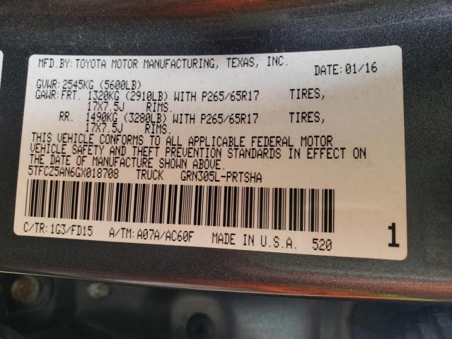 5TFCZ5AN6GX018708 - 2016 TOYOTA TACOMA DOUBLE CAB 灰色 照片 12