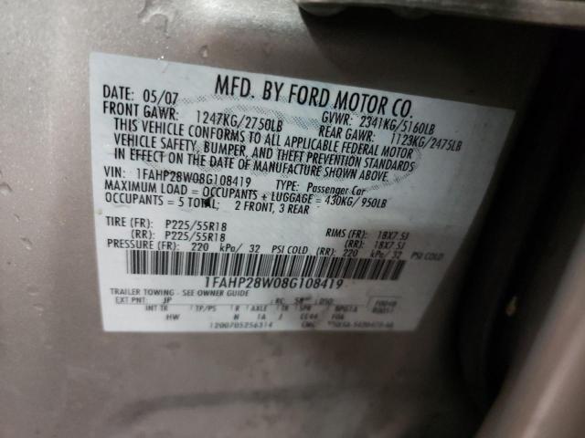 1FAHP28W08G108419 - 2008 FORD TAURUS LIMITED SILVER photo 12