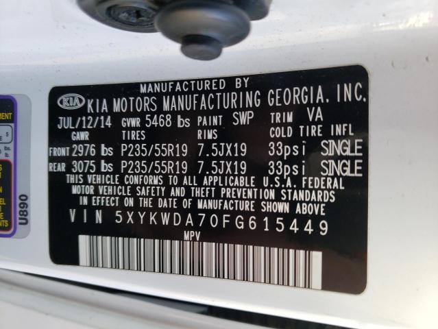 5XYKWDA70FG615449 - 2015 KIA SORENTO SX WHITE photo 12