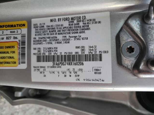 3FA6P0G74KR160206 - 2019 FORD FUSION S SILVER photo 12