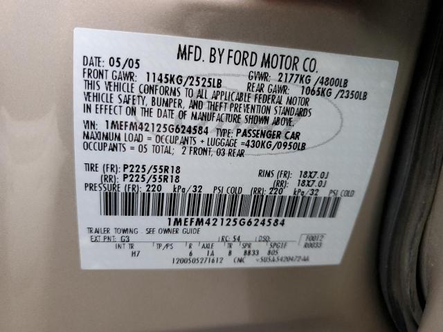 1MEFM42125G624584 - 2005 MERCURY MONTEGO PREMIER GOLD photo 12