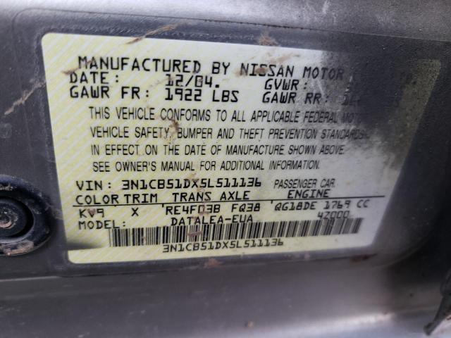 3N1CB51DX5L511136 - 2005 NISSAN SENTRA 1.8 TAN photo 12