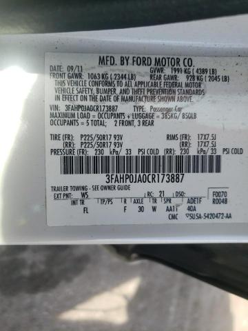 3FAHP0JA0CR173887 - 2012 FORD FUSION SEL WHITE photo 12