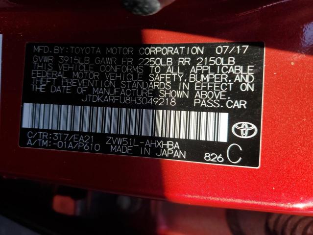 JTDKARFU8H3049218 - 2017 TOYOTA PRIUS RED photo 12