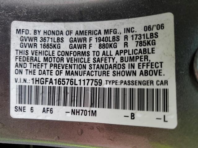 1HGFA16576L117759 - 2006 HONDA CIVIC LX GRAY photo 12