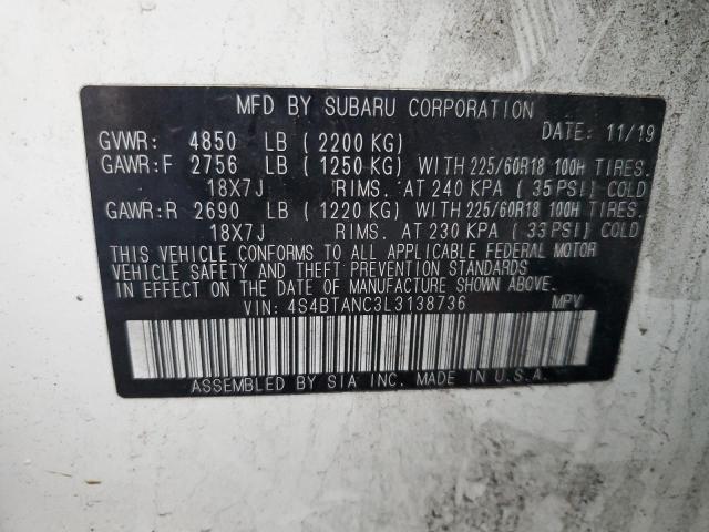 4S4BTANC3L3138736 - 2020 SUBARU OUTBACK LIMITED WHITE photo 13