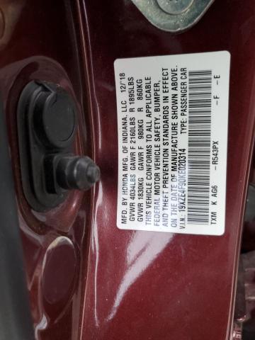 19XZE4F90KE020314 - 2019 HONDA INSIGHT TOURING BURGUNDY photo 12