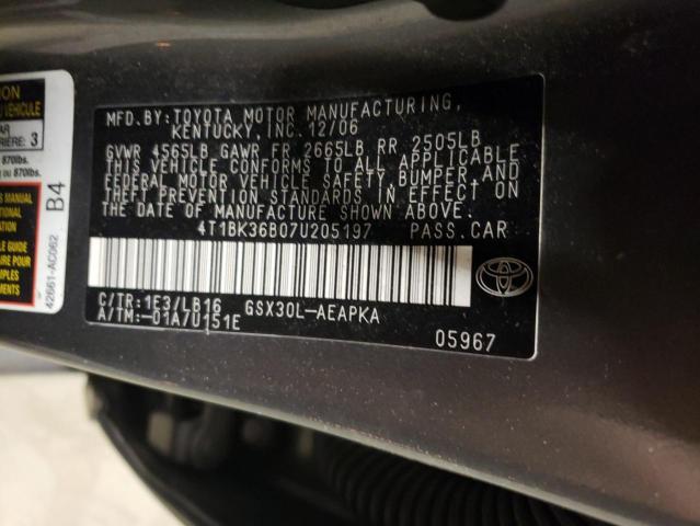 4T1BK36B07U205197 - 2007 TOYOTA AVALON XL GRAY photo 12