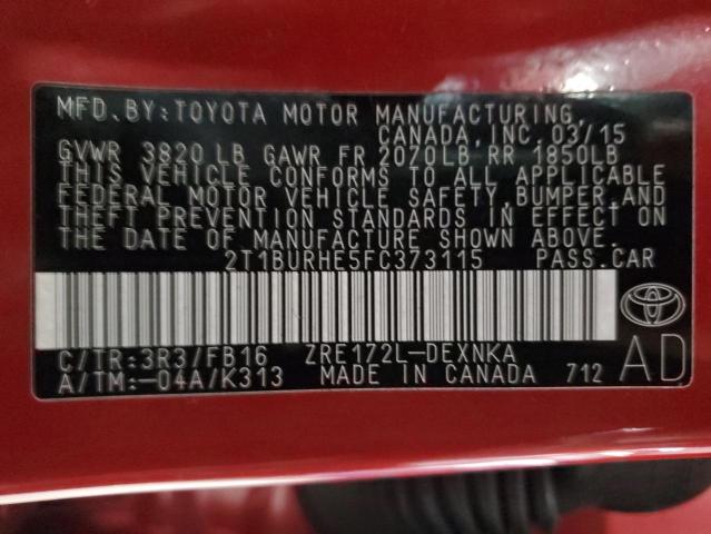 2T1BURHE5FC373115 - 2015 TOYOTA COROLLA L RED photo 12