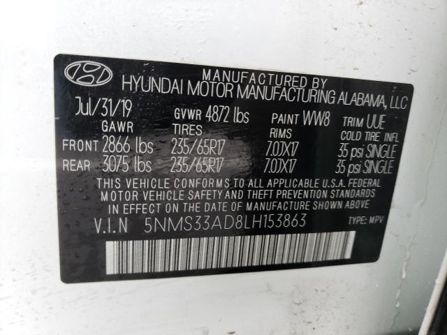 5NMS33AD8LH153863 - 2020 HYUNDAI SANTA FE SEL Սպիտակ լուսանկար 13