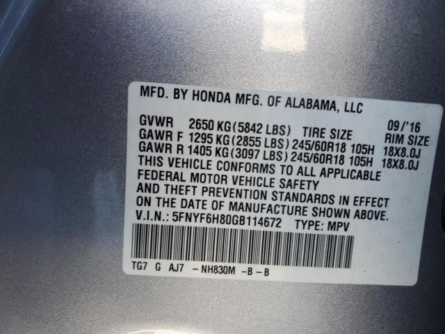 5FNYF6H80GB114672 - 2016 HONDA PILOT EXL SILVER photo 13