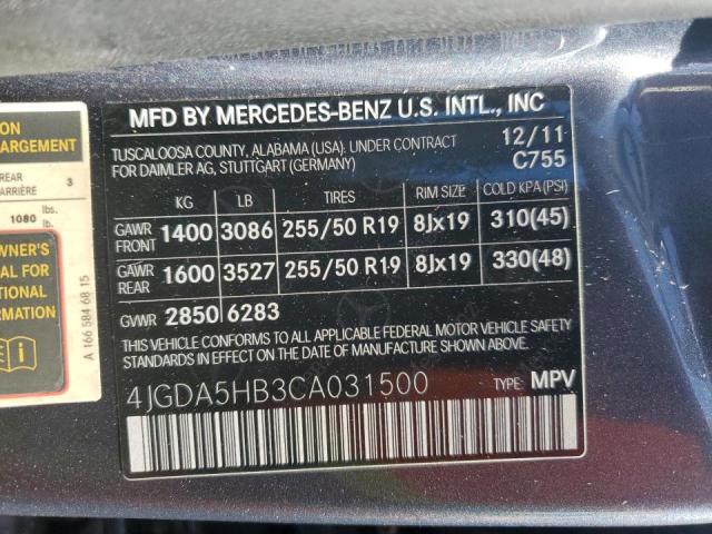 4JGDA5HB3CA031500 - 2012 MERCEDES-BENZ ML 350 4MATIC CHARCOAL photo 13