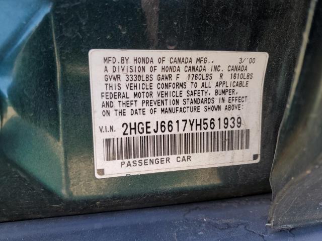 2HGEJ6617YH561939 - 2000 HONDA CIVIC BASE GREEN photo 12