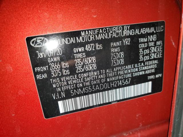 5NMS53AD0LH214567 - 2020 HYUNDAI SANTA FE LIMITED RED photo 13