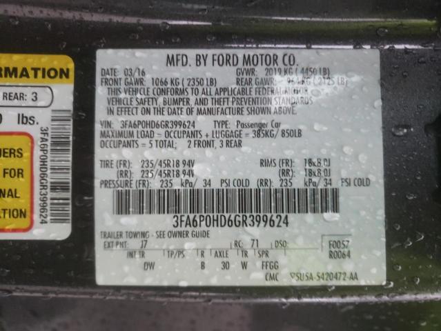 3FA6P0HD6GR399624 - 2016 FORD FUSION SE GRAY photo 12