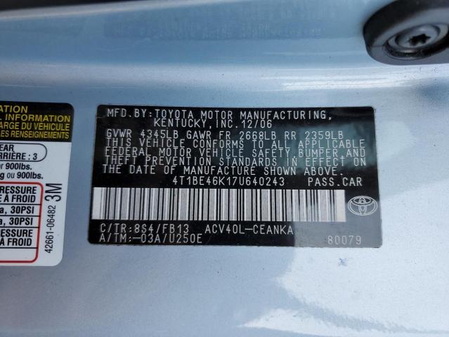 4T1BE46K17U640243 - 2007 TOYOTA CAMRY CE BLUE photo 12