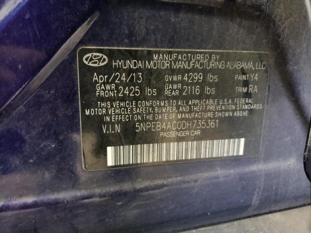 5NPEB4AC0DH735361 - 2013 HYUNDAI SONATA GLS BLUE photo 12