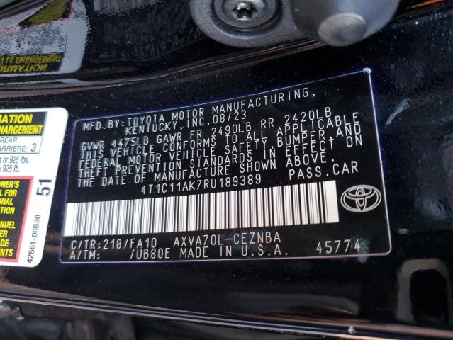 4T1C11AK7RU189389 - 2024 TOYOTA CAMRY LE BLACK photo 12