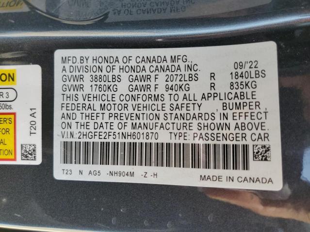 2HGFE2F51NH601870 - 2022 HONDA CIVIC SPORT 黑色 照片 12