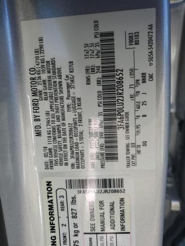 3FA6P0LU2JR208652 - 2018 FORD FUSION SE HYBRID SILVER photo 12