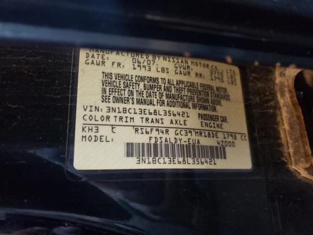 3N1BC13E68L356421 - 2008 NISSAN VERSA S Սև լուսանկար 10