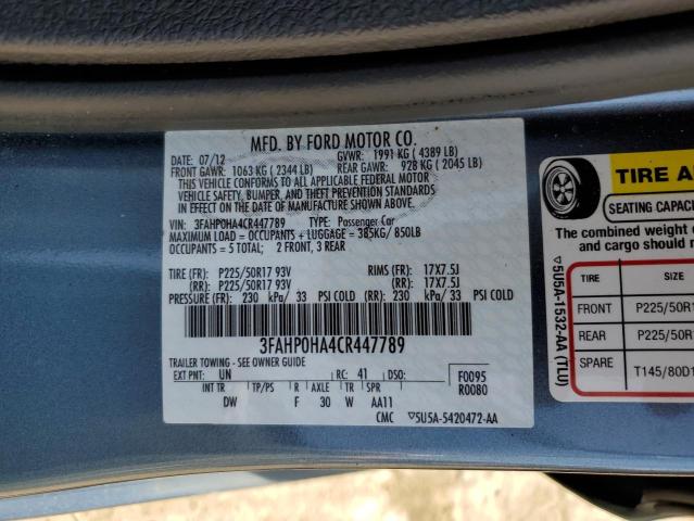 3FAHP0HA4CR447789 - 2012 FORD FUSION SE BLUE photo 12