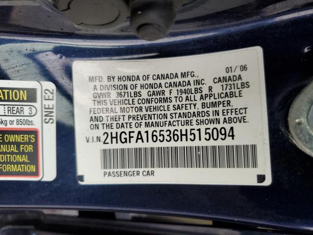 2HGFA16536H515094 - 2006 HONDA CIVIC LX BLUE photo 12