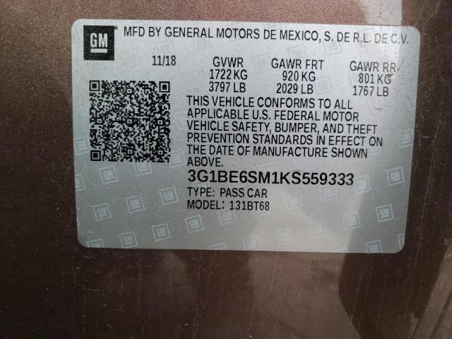 3G1BE6SM1KS559333 - 2019 CHEVROLET CRUZE LT BROWN photo 12