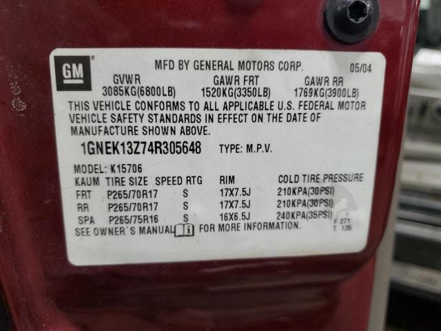 1GNEK13Z74R305648 - 2004 CHEVROLET TAHOE K1500 MAROON photo 12