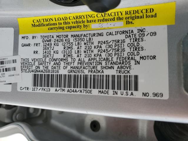 5TEJU4GN4AZ681816 - 2010 TOYOTA TACOMA DOUBLE CAB PRERUNNER SILVER photo 12