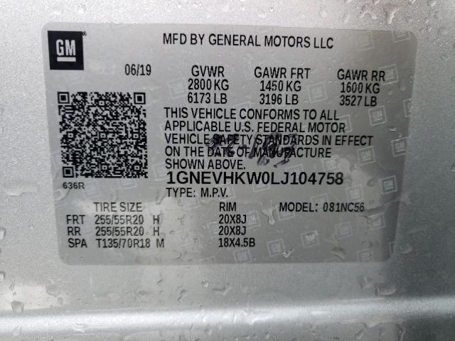 1GNEVHKW0LJ104758 - 2020 CHEVROLET TRAVERSE LT SILVER photo 13