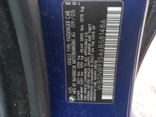 WBSNB93546B581486 - 2006 BMW M5 BLUE photo 12