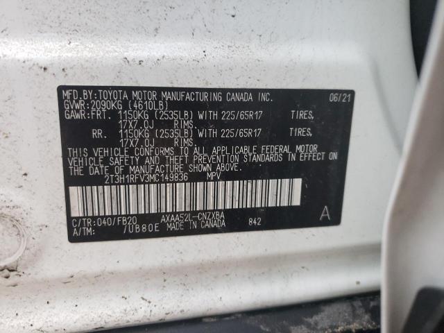 2T3H1RFV3MC149836 - 2021 TOYOTA RAV4 LE WHITE photo 12