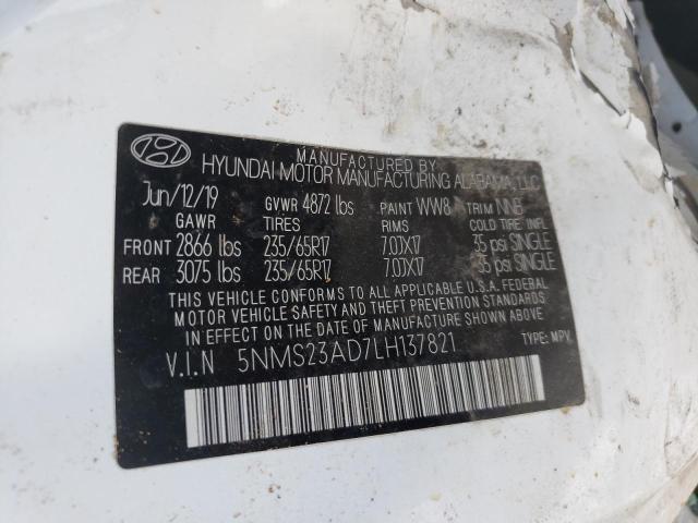 5NMS23AD7LH137821 - 2020 HYUNDAI SANTA FE SE WHITE photo 14