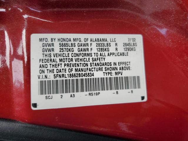 5FNRL18662B045834 - 2002 HONDA ODYSSEY EX RED photo 13