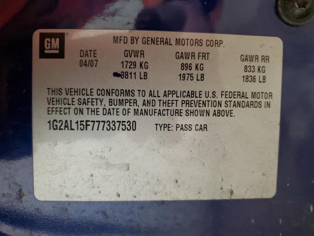 1G2AL15F777337530 - 2007 PONTIAC G5 BLUE photo 12