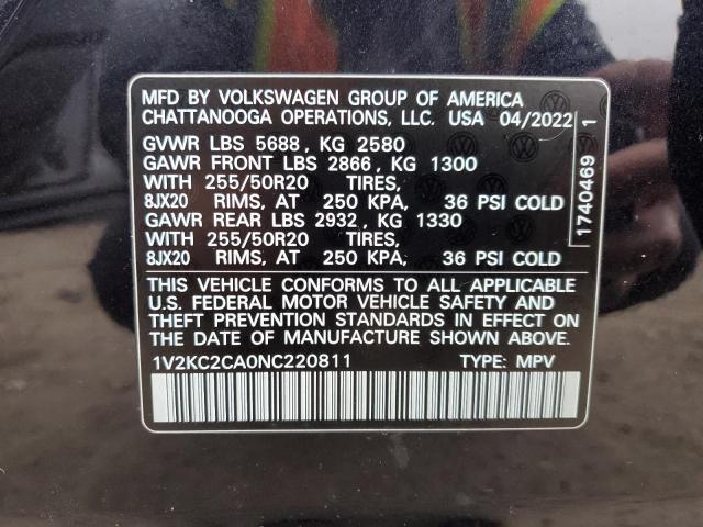 1V2KC2CA0NC220811 - 2022 VOLKSWAGEN ATLAS CROS SE Черный фото 12