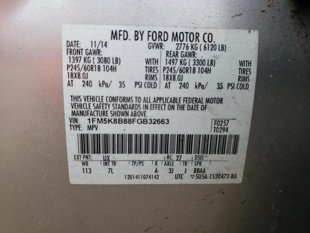 1FM5K8B88FGB32663 - 2015 FORD EXPLORER SILVER photo 13