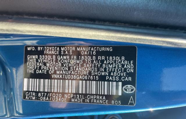 VNKKTUD38GA067615 - 2016 TOYOTA YARIS L BLUE photo 10