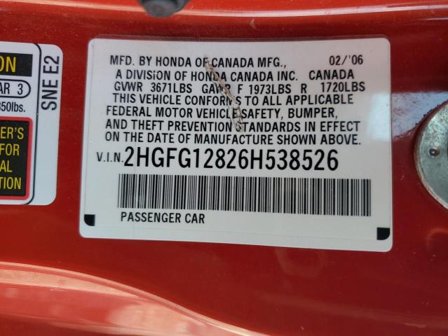 2HGFG12826H538526 - 2006 HONDA CIVIC EX RED photo 12