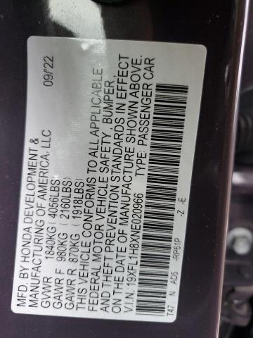 19XFL1H8XNE020966 - 2022 HONDA CIVIC SPORT TOURING GRAY photo 12