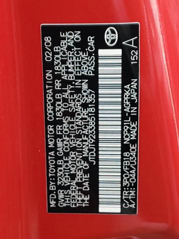 JTDJT923385181357 - 2008 TOYOTA YARIS RED photo 12