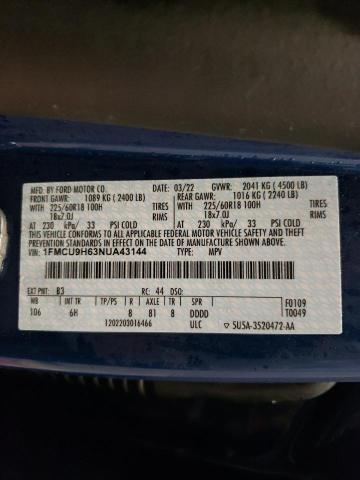 1FMCU9H63NUA43144 - 2022 FORD ESCAPE SEL BLUE photo 13