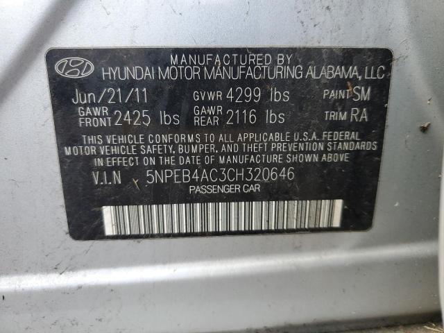 5NPEB4AC3CH320646 - 2012 HYUNDAI SONATA GLS SILVER photo 12