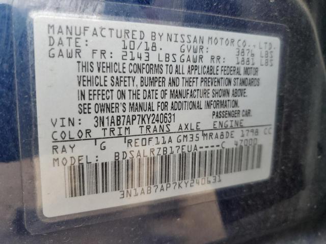 3N1AB7AP7KY240631 - 2019 NISSAN SENTRA S BLUE photo 12