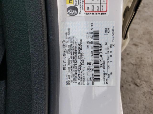 3FAHP0JAXCR283071 - 2012 FORD FUSION SEL WHITE photo 12