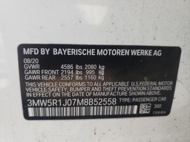 3MW5R1J07M8B52558 - 2021 BMW 330I WHITE photo 12