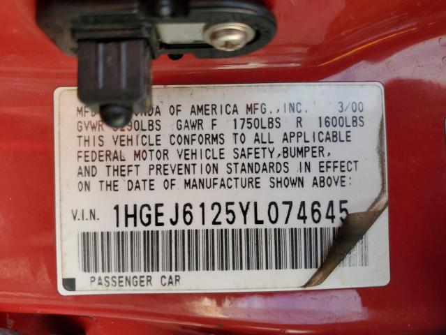 1HGEJ6125YL074645 - 2000 HONDA CIVIC DX RED photo 12