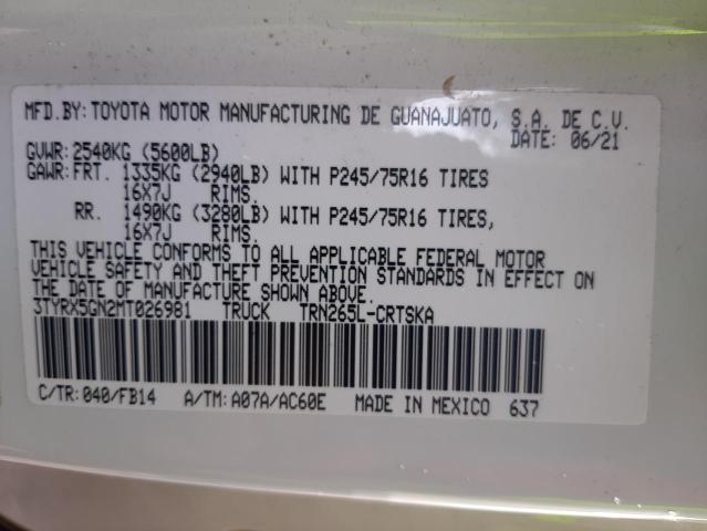 3TYRX5GN2MT026981 - 2021 TOYOTA TACOMA ACCESS CAB თეთრი ფოტო 12